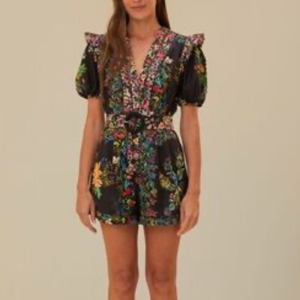 Never worn- Farm Rio Black Delicate Forest Scarves Organic Cotton Romper. XL